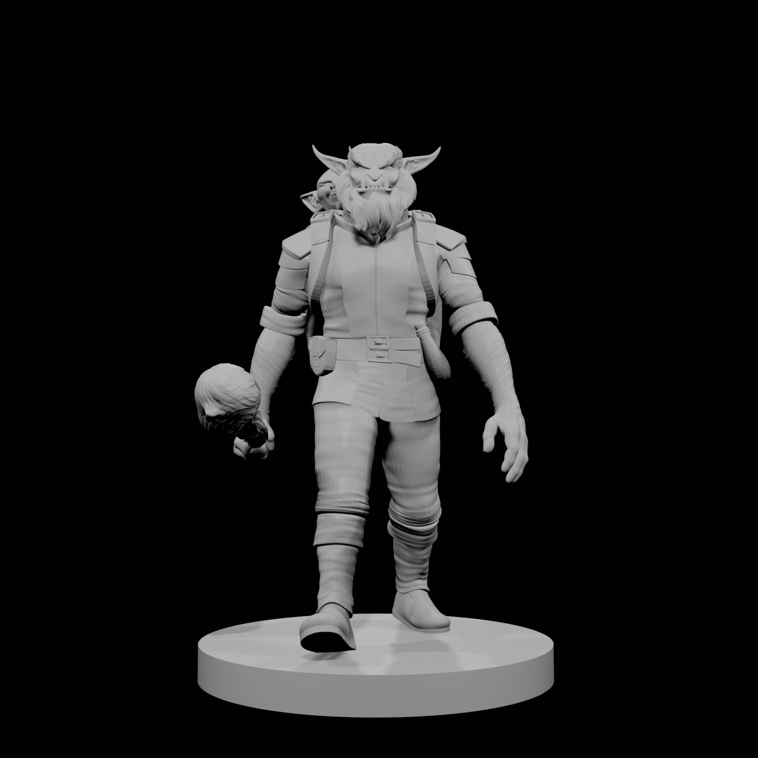 Combattant Bugbear avec un compagnon gobelin dans son sac à dos