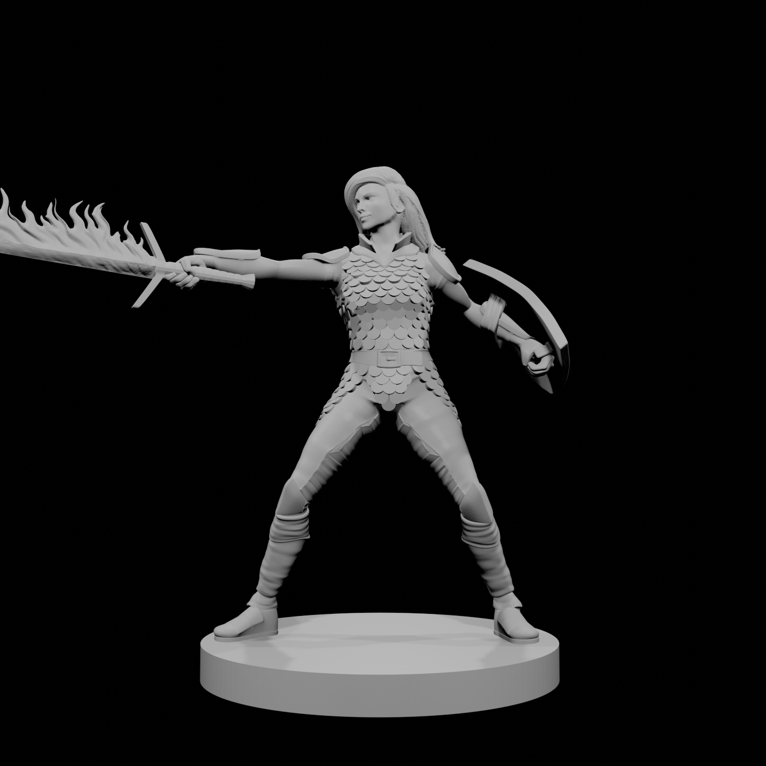 Human Female Fighter Scale Armor Flame Sword Shield
