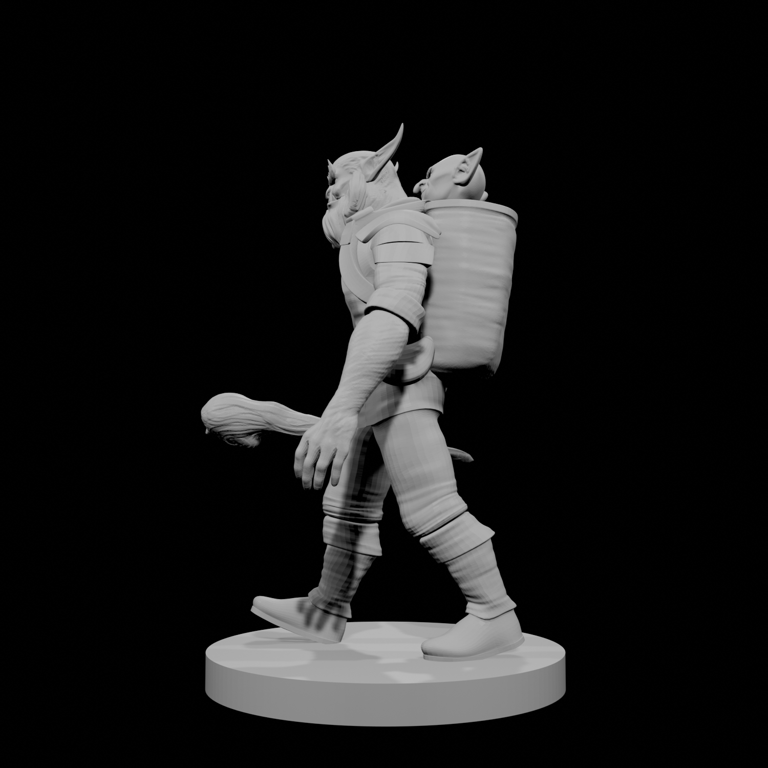 Combattant Bugbear avec un compagnon gobelin dans son sac à dos