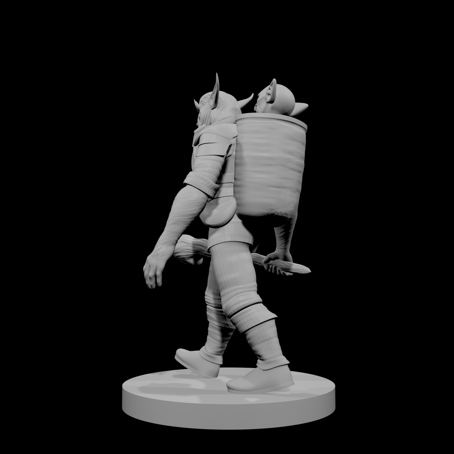 Combattant Bugbear avec un compagnon gobelin dans son sac à dos