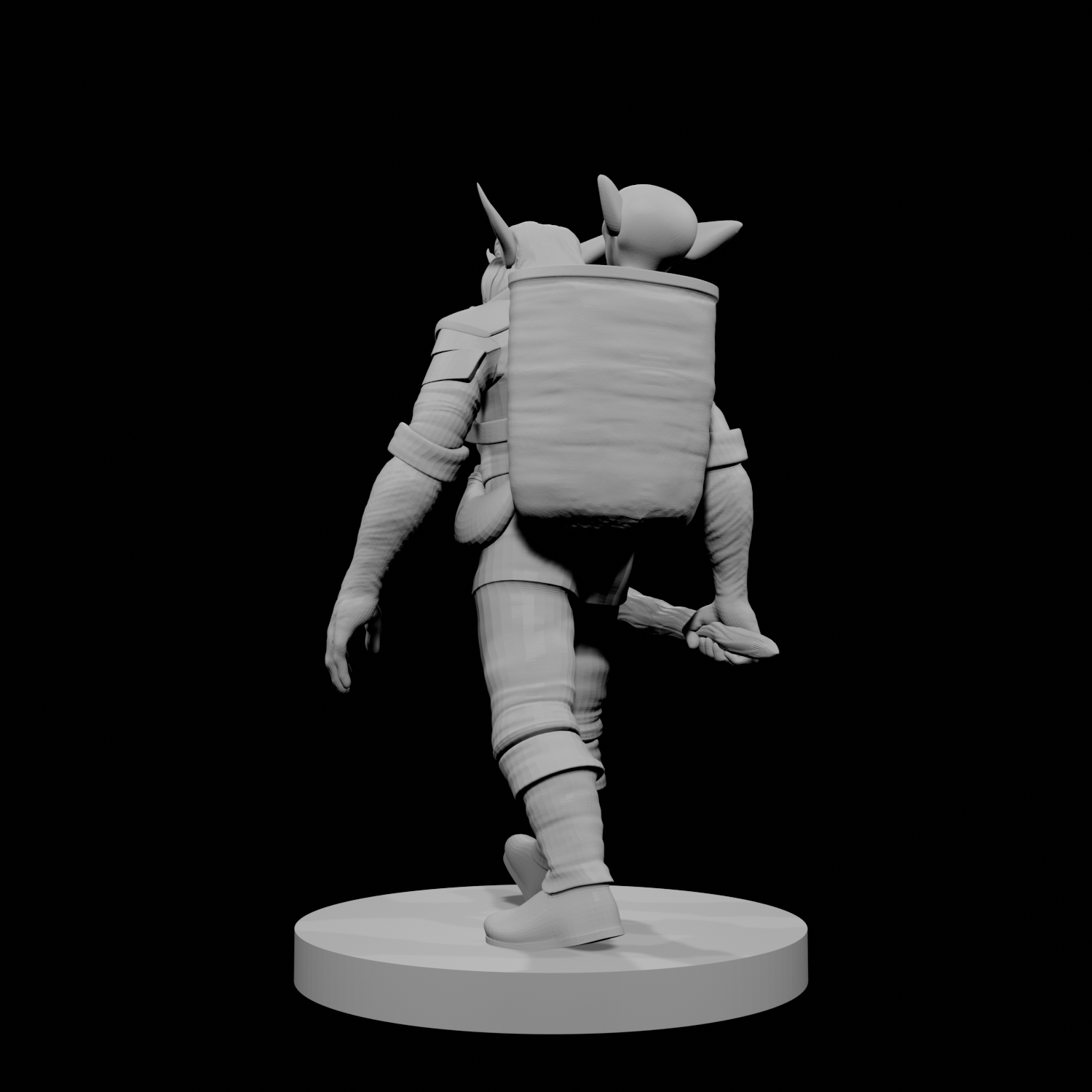 Combattant Bugbear avec un compagnon gobelin dans son sac à dos