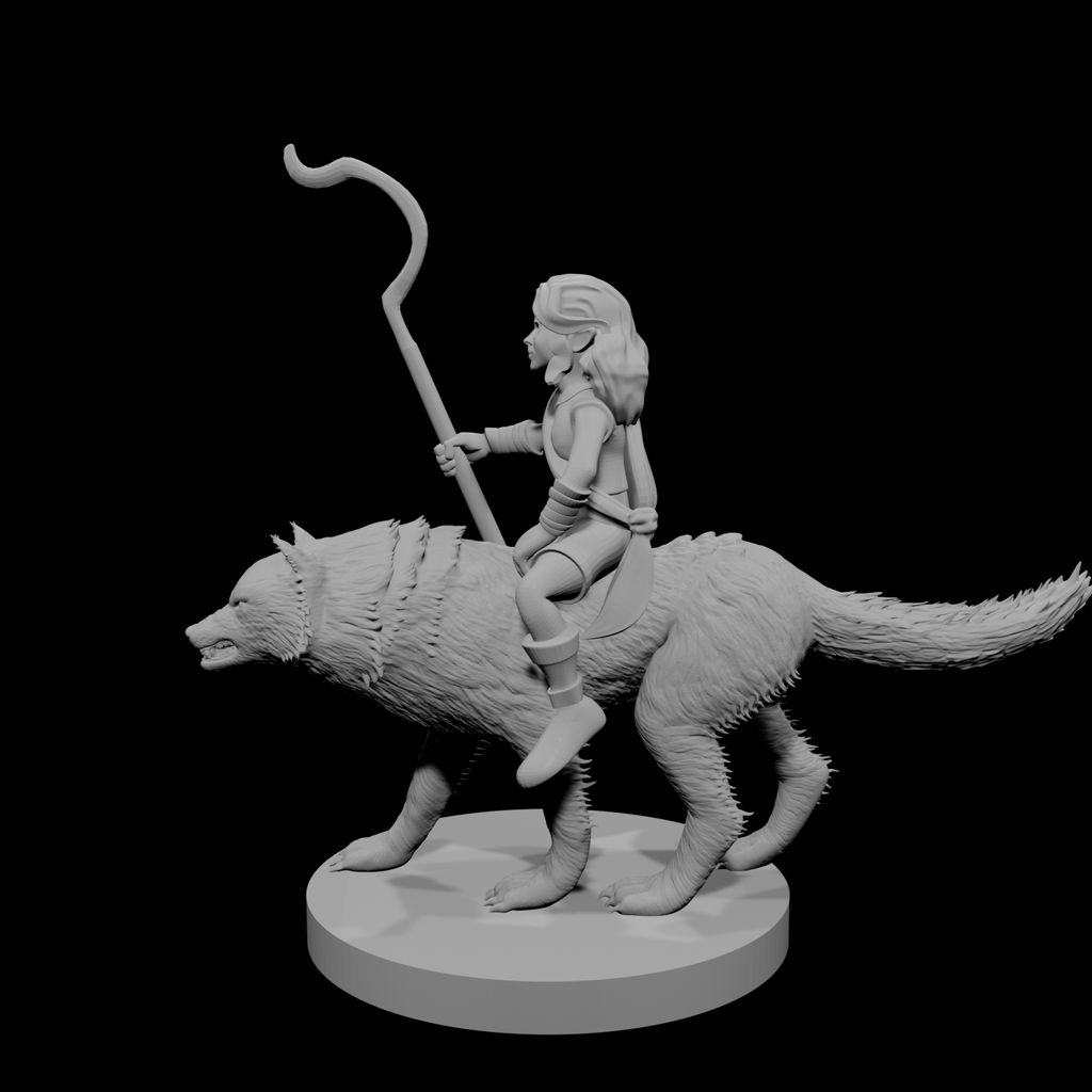 Halfling Female Druid riding a Wolf