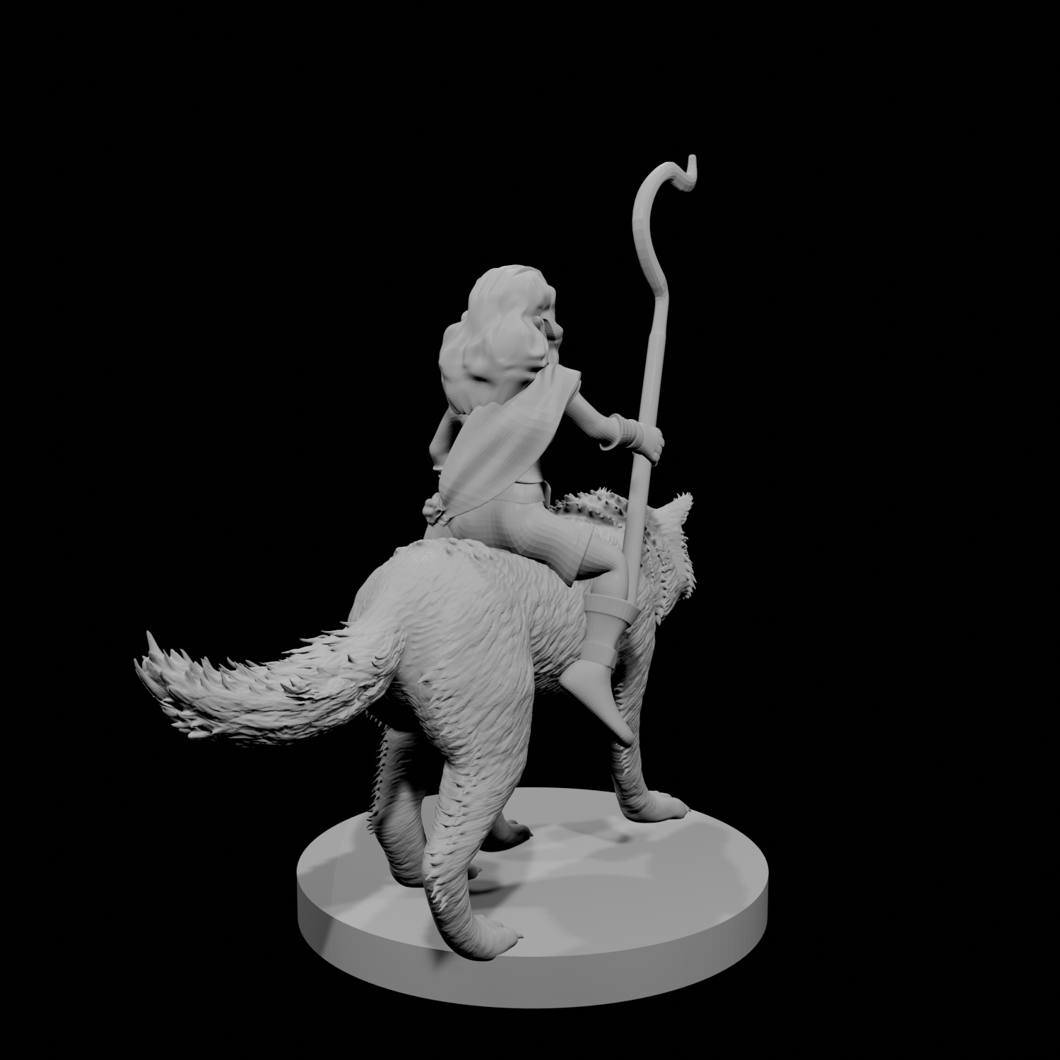 Halfling Female Druid riding a Wolf
