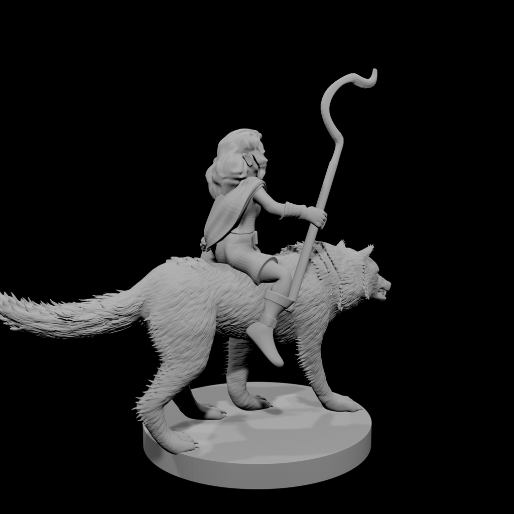 Halfling Female Druid riding a Wolf