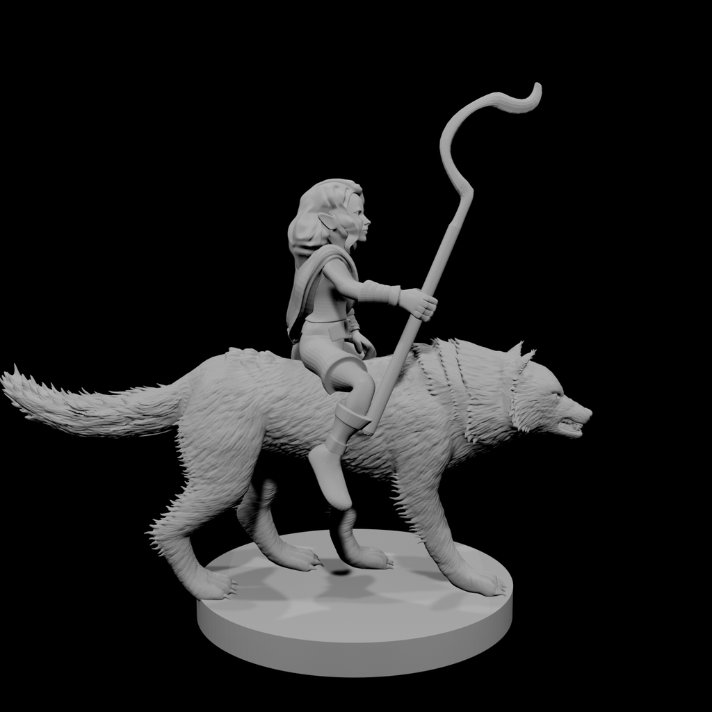 Halfling Female Druid riding a Wolf