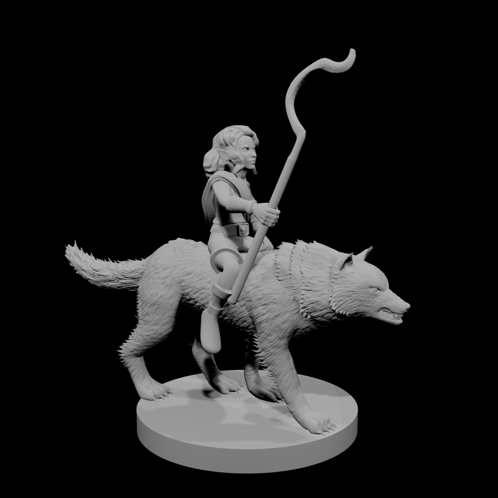 Halfling Female Druid riding a Wolf