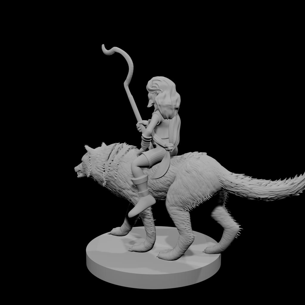 Halfling Female Druid riding a Wolf