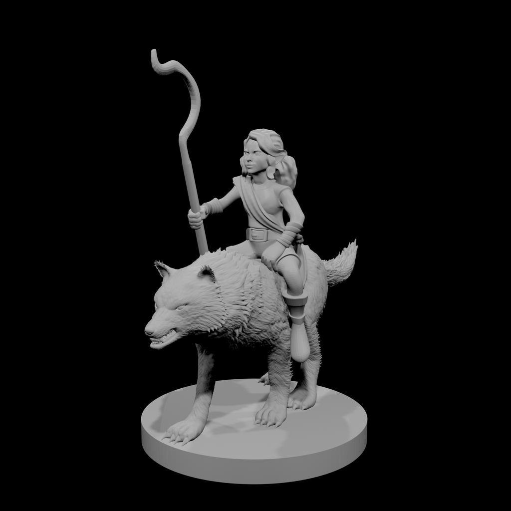 Halfling Female Druid riding a Wolf
