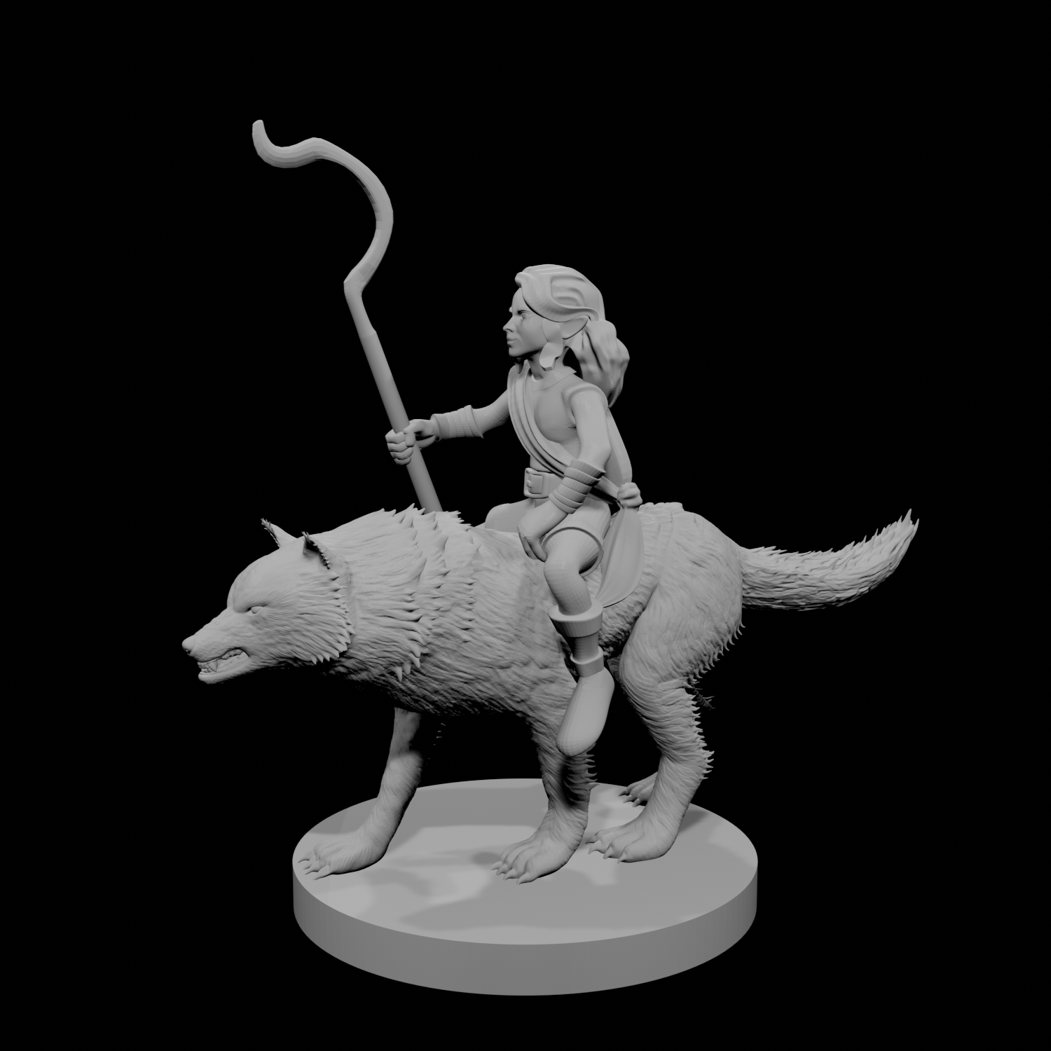 Halfling Female Druid riding a Wolf