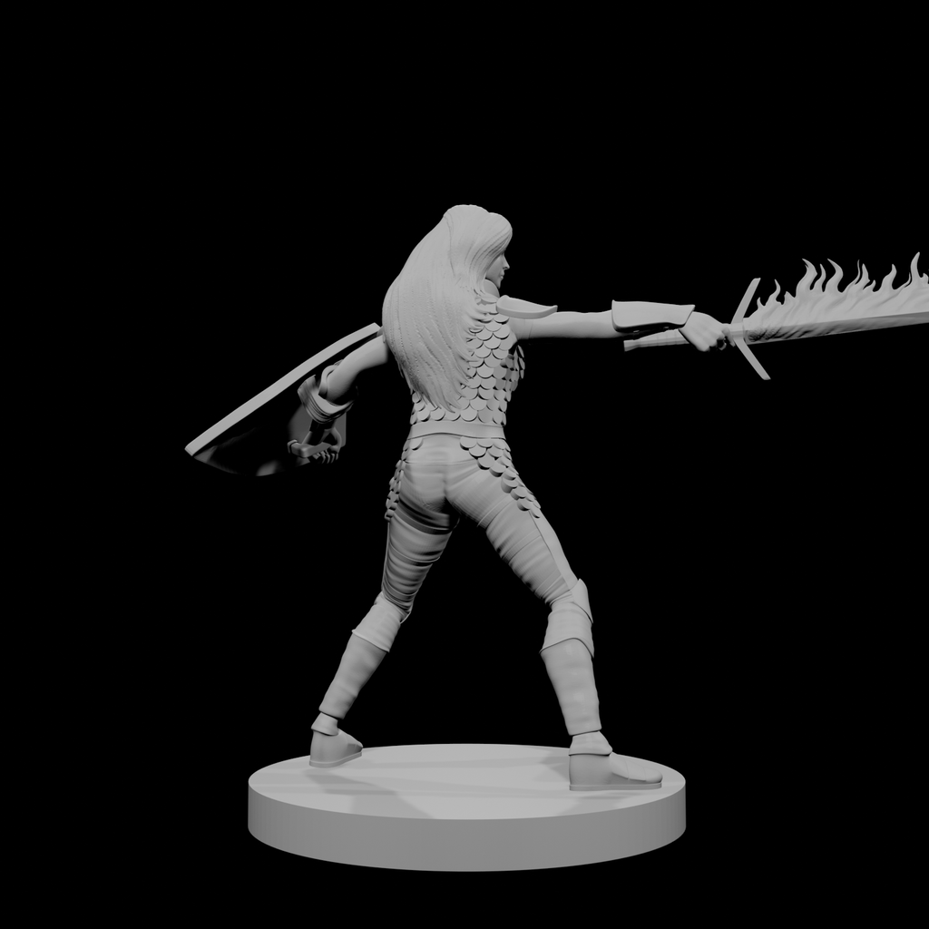 Human Female Fighter Scale Armor Flame Sword Shield