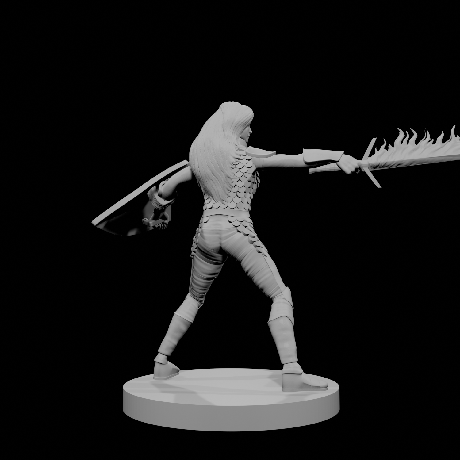 Human Female Fighter Scale Armor Flame Sword Shield