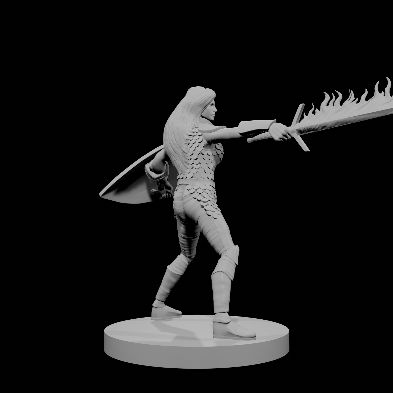 Human Female Fighter Scale Armor Flame Sword Shield