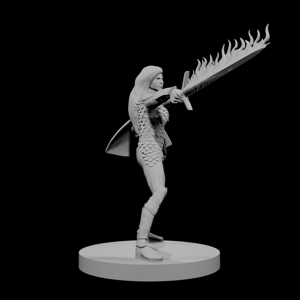 Human Female Fighter Scale Armor Flame Sword Shield