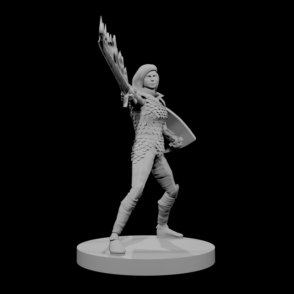 Human Female Fighter Scale Armor Flame Sword Shield