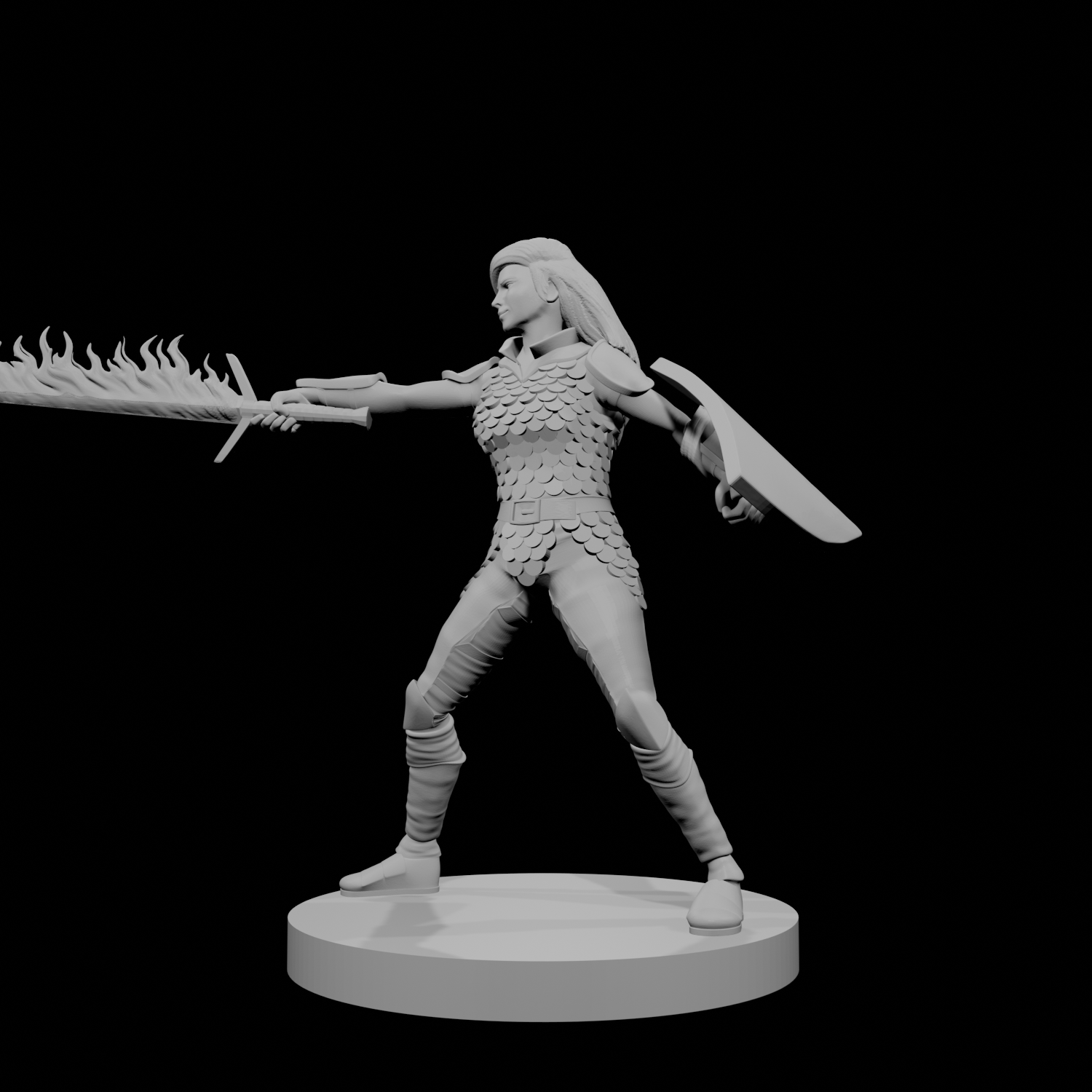 Human Female Fighter Scale Armor Flame Sword Shield