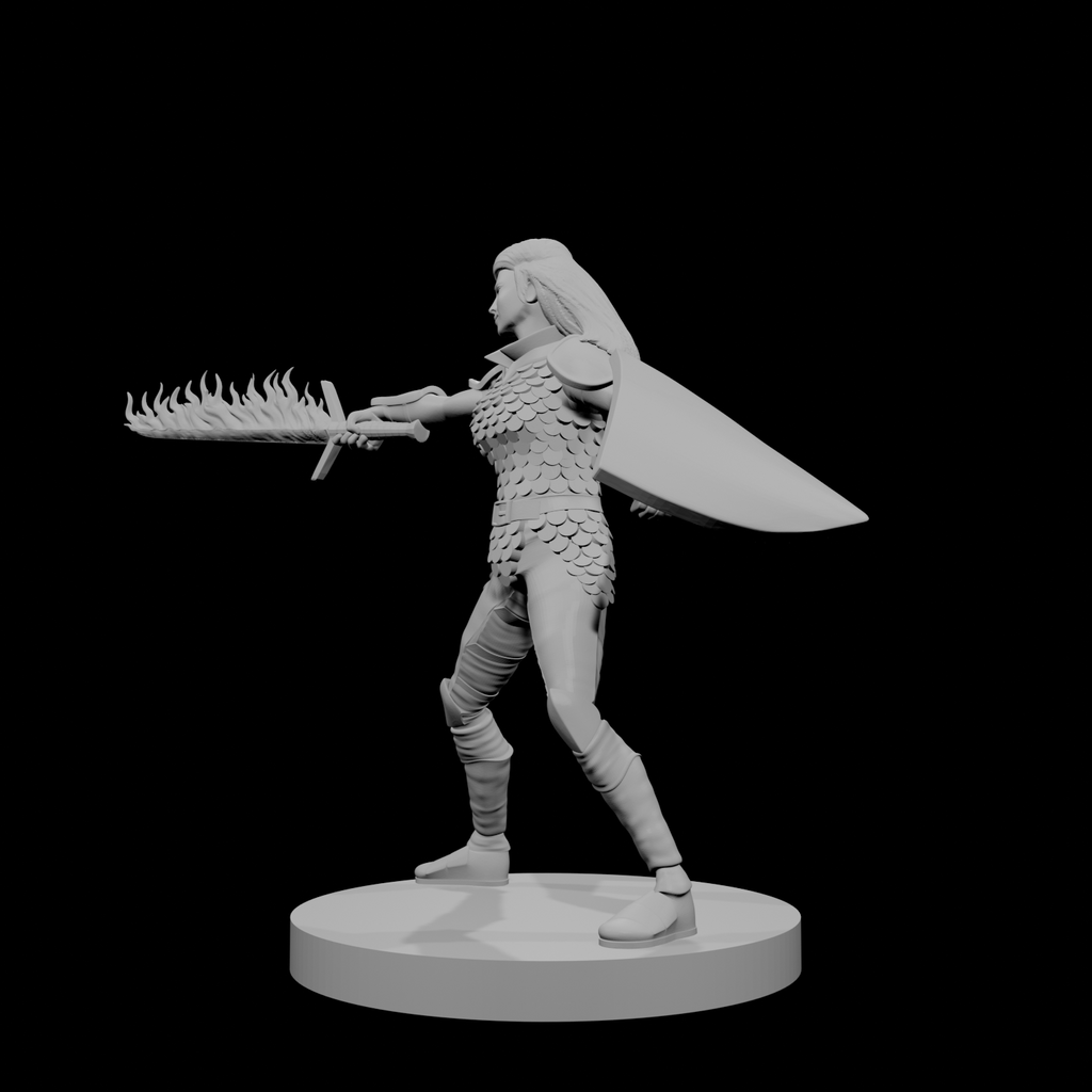 Human Female Fighter Scale Armor Flame Sword Shield