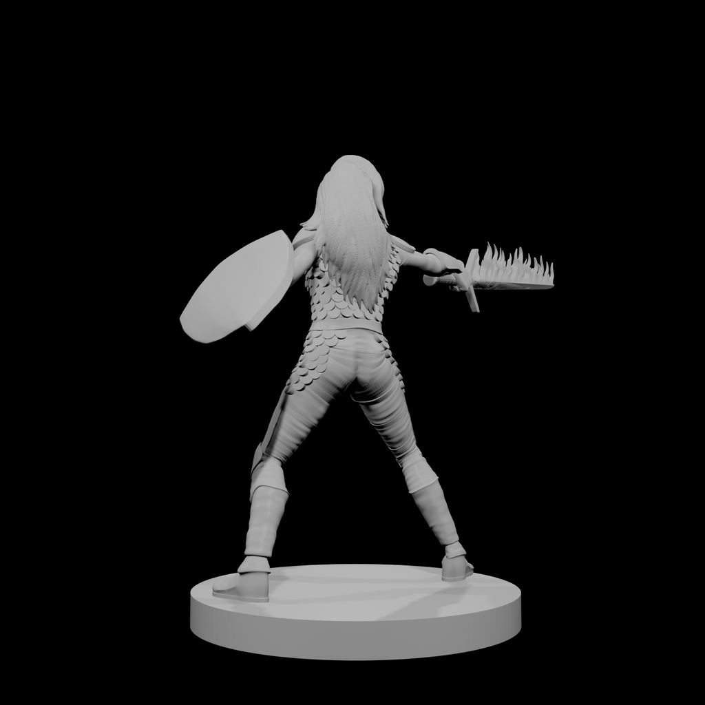 Human Female Fighter Scale Armor Flame Sword Shield