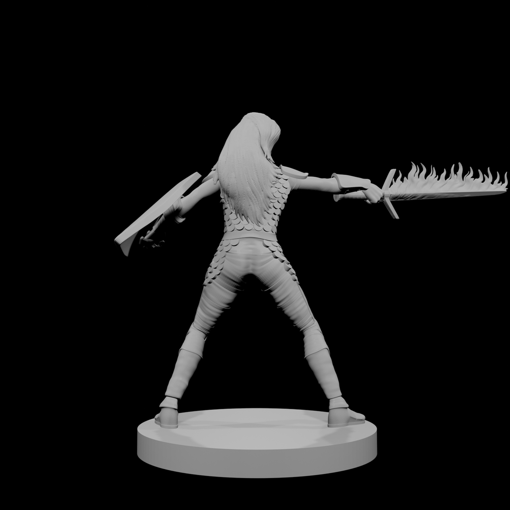 Human Female Fighter Scale Armor Flame Sword Shield