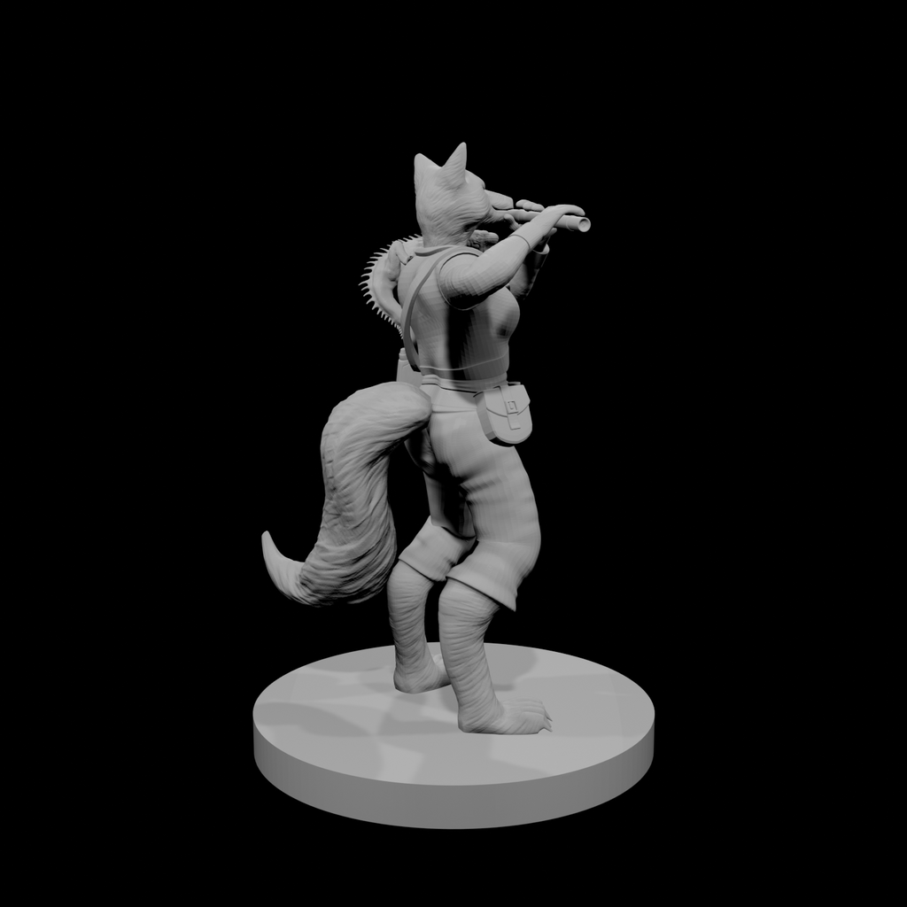 Kitsune Female Bard with Flute and Lizard
