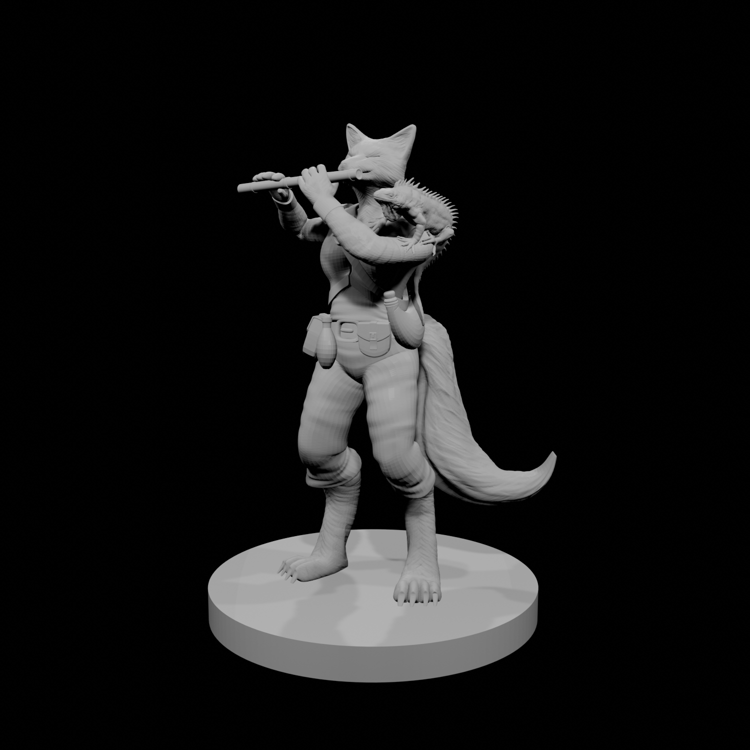 Kitsune Female Bard with Flute and Lizard